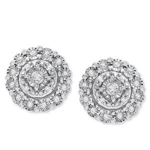 Diamond Halo Cluster Stud Earrings Sterling Silver